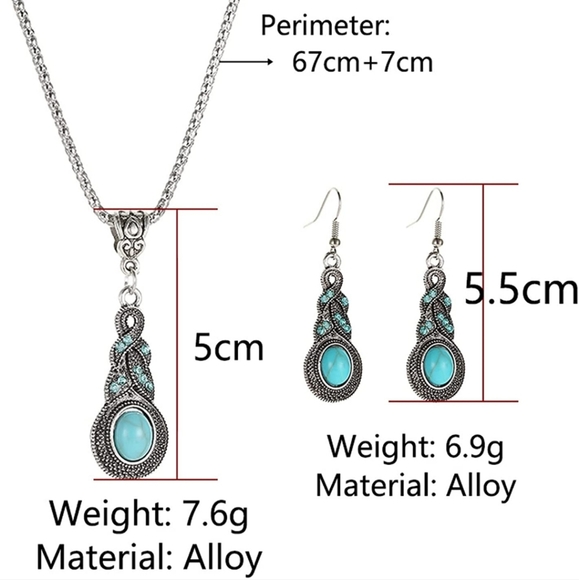 Blue Rhinestone Inlaid Turquoise Drop Earrings & Necklace Set Original Design - Picture 5 of 7